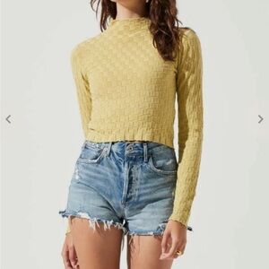 Astr the Label Lanare Checkered Mock Turtle Neck Green Long Sleeve Top Sz XS